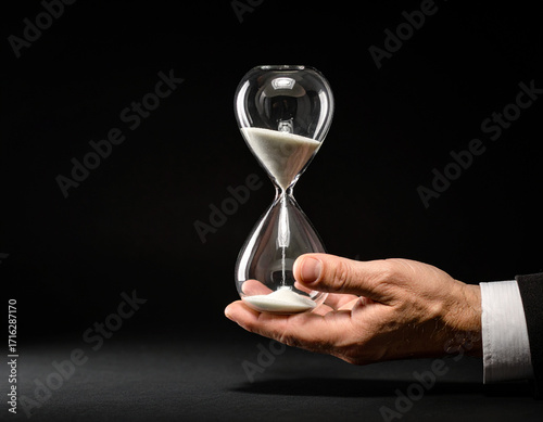 Un reloj de arena en mano iluminado en la oscuridad se convierte en metáfora del paso del tiempo, la fugacidad de la vida y la urgencia de aprovechar cada segundo antes de que la arena se agote