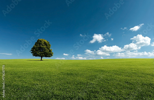 Solitary tree on a vast grassy plain, vibrant blue sky with scattered clouds