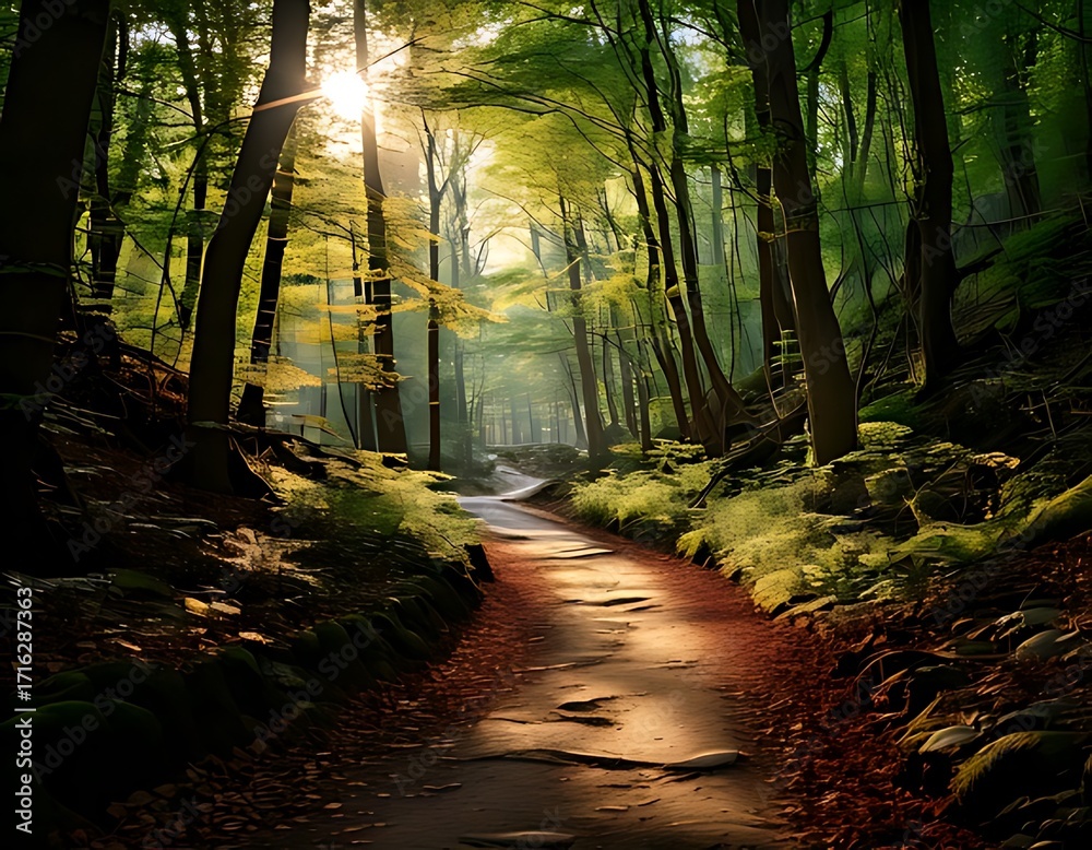 Obraz premium Sunlit path through a lush forest
