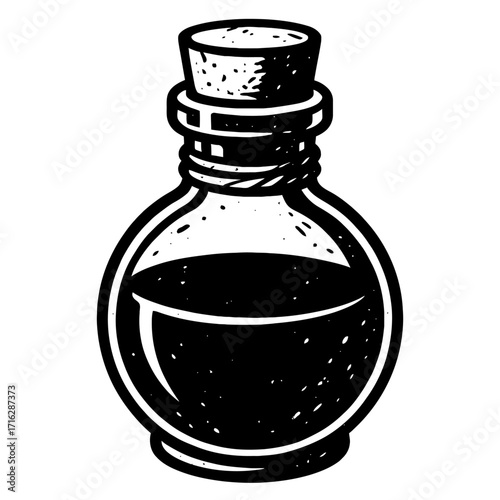 B&W hand-drawn vintage illustration of mysterious round glass bottle with cork stopper, containing dark liquid. Ideal for fantasy, alchemy, magic potion, Halloween, rustic, or old