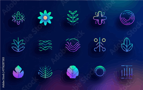 Glowing Flower and Nature Icon Set