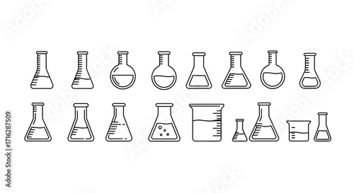 Collection of laboratory glassware erlenmeyer flasks beakers and test tubes hand drawn style vector