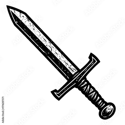 Bold Black & White Distressed Medieval Sword Illustration. Gritty Fantasy Weaponry Graphic. Vintage Woodcut Style Blade. Ancient Warrior Armament with Textured Detail. Perfect for