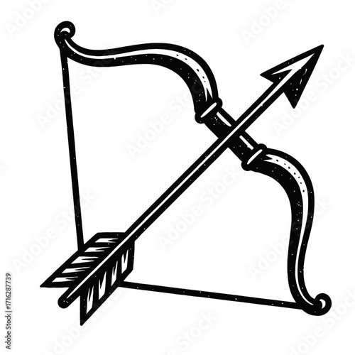 Classic Black and White Bow and Arrow Illustration: A Vintage Archery Symbol Evoking Strength, Precision, Hunting, Warrior Spirit, and Mythical Themes for Graphic Design Projects a
