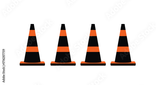 Four orange and black traffic cones lined up for road work construction safety warning vector