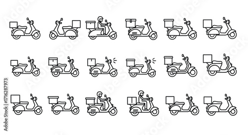 Delivery scooter icons set dynamic motion for fast urban package transportation services vector