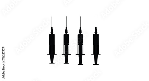Four medical syringes lined up showing needles ready for injection in silhouette style vector