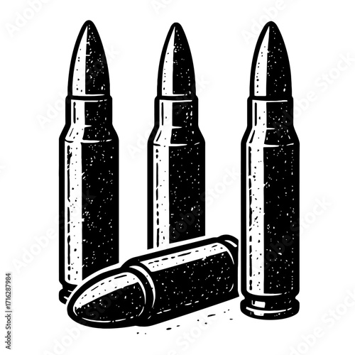 Gritty black and white vector illustration of four classic rifle cartridges, three standing and one lying, with distressed grunge texture, embodying military power, defense, and fi