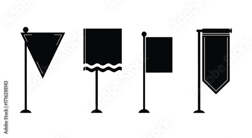 Collection of four distinct black silhouettes of different flags and banners on poles vector