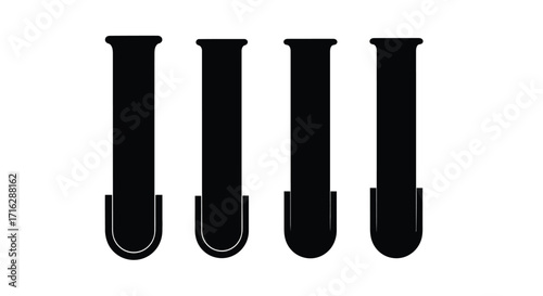 Four identical black test tubes with rounded bottoms arranged in a row on a white surface vector