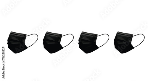 Four black disposable face masks lined up with ear loops ready for protection vector