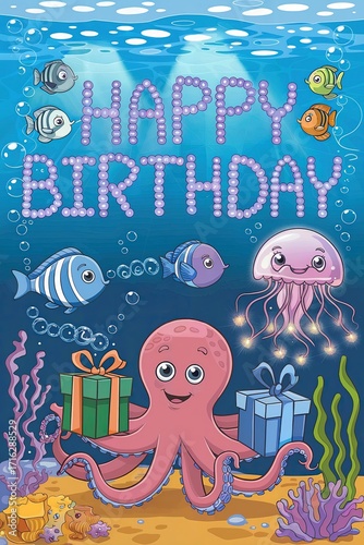 Colorful Underwater Birthday Celebration with an Octopus and Friends