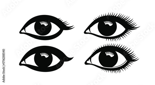 Four stylized human eyes with expressive lashes black and white drawing artistic concept vector