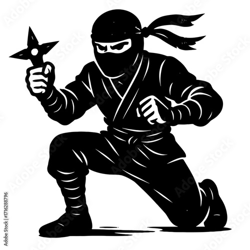 Dynamic black silhouette of a stealthy ninja warrior in a combat-ready crouch, holding a sharp shuriken, perfect for martial arts themes, Japanese culture, action games, and graphi