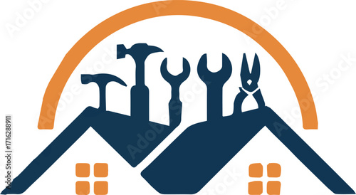Vector art of home repair logo with tools on roof