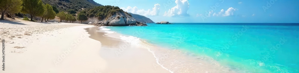 Fototapeta premium Sun-drenched white sand beach in Greece, crystal-clear turquoise water laps gently at the shore Ideal for travel, vacation, and summer holiday imagery Serenity, idyllic escape , vacation, warmth