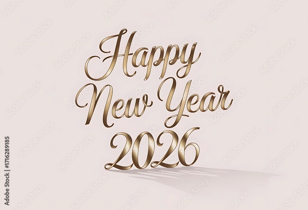 Obraz premium Elegant minimalist Happy New Year 2026 in gold foil on plain white background, subtle shadow for depth