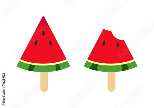 Vector illustration of two watermelon popsicles. One popsicle is whole, while the other has a bite taken out of it.