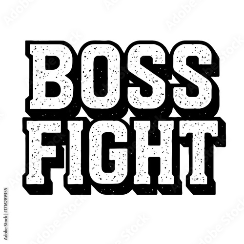 Bold 'Boss Fight' distressed typography design, embodying retro gaming challenges and epic confrontations. Ideal for t-shirt graphics, apparel, merchandise, and esports branding, capturing a grunge vi