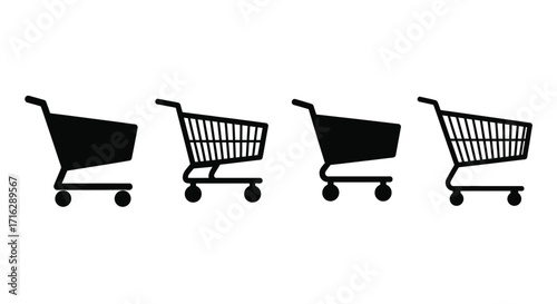 Four black shopping carts lined up showing different designs and sizes vector