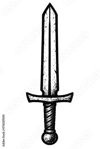 Gritty Vintage Medieval Sword Illustration: Classic Fantasy Weapon Design with Distressed Texture & Bold Outlines. Ideal for Gaming, Historical Themes, RPGs, & Graphic Art Projects requiring a robust,