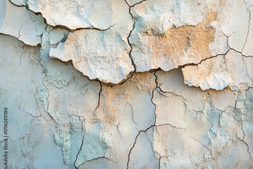 Obraz premium A detailed close-up view of a weathered wall, exhibiting extensive cracks and varying shades of pale beige, light gray, and subtle orange tones.