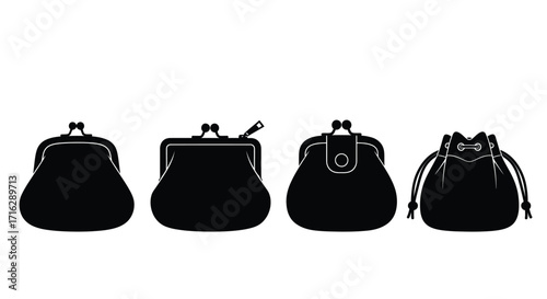 Four black coin purses silhouette collection elegant feminine accessory vintage style vector
