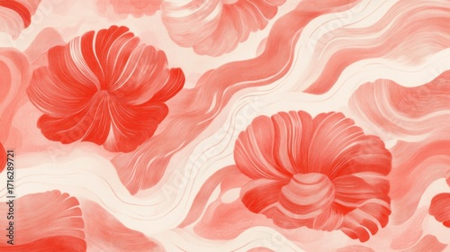 Abstract coral red floral pattern on a wavy background.