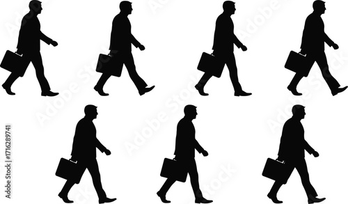 Silhouette of businessman walking with briefcase, office worker, corporate professional, success, business concept, career, formal suit, urban lifestyle, job