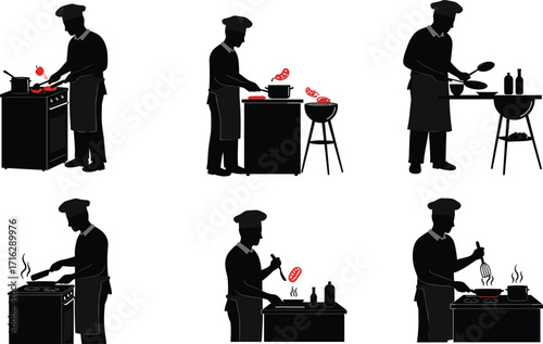Silhouette of chef cooking, professional cook preparing food, restaurant kitchen, culinary art, frying, grilling, baking, gastronomy, chef skills, cuisine