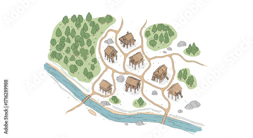 Minimalist vector sketch map of a remote mountain village. Features wooden houses on stilts, trails, and a river. Perfect for scalable merchandise.