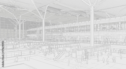 Irport terminal interior with passengers, line drawing style