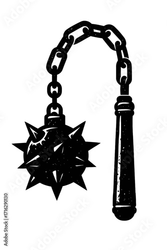 Powerful medieval flail weapon silhouette. Iconic black graphic features spiked mace ball, robust chain, handle. Symbolizes ancient warfare, knightly combat, historical strength, legendary battles. Id