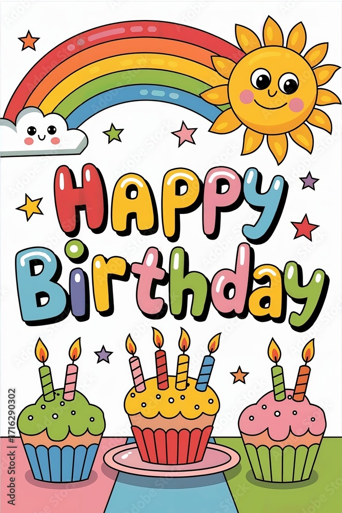 Naklejka premium Colorful Birthday Celebration with Cupcakes, Rainbow, and Cheerful Elements