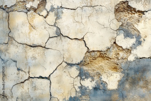 A weathered, cracked stucco wall displays a mix of light beige and muted gray tones, revealing the underlying texture and aging.