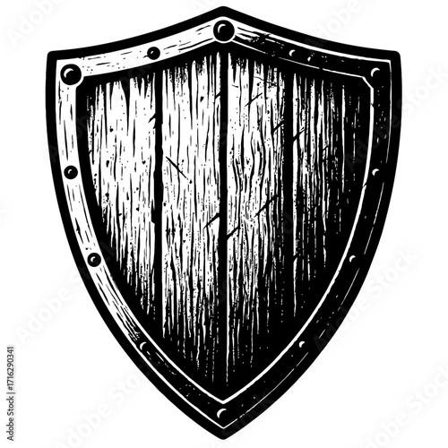 A detailed black and white illustration of a robust, vintage wooden shield with a sturdy riveted metal border, embodying strength, protection, and historical defense, perfect for gaming, fantasy, and