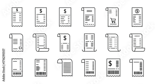 Collection of hand drawn receipt icons representing sales transactions and financial records vector