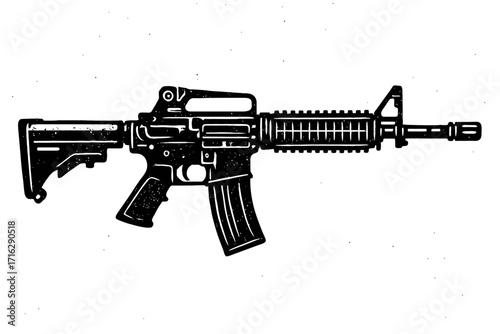 Black and white distressed illustration of a tactical M4 carbine style assault rifle, featuring a detailed military-grade weapon design with a rugged, grunge texture, ideal for gun enthusiasts, graphi