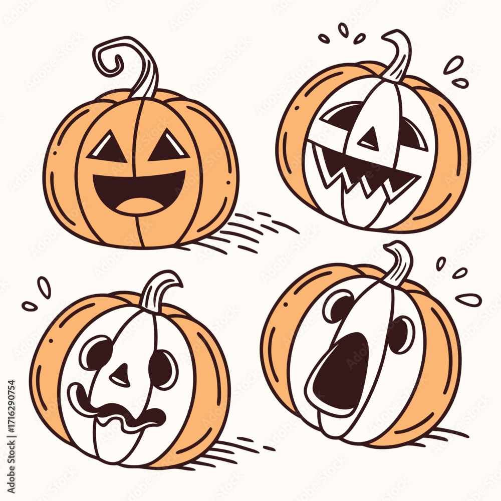 Fototapeta premium Cartoon Halloween Pumpkin Face Set