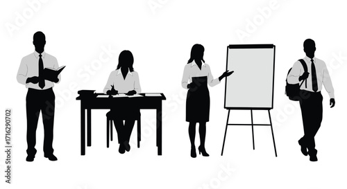 Diverse business professionals silhouettes presenting and working in office environment vector