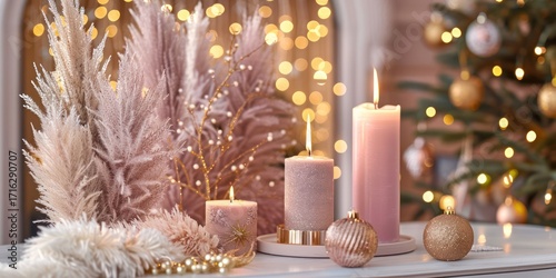 Pastel Pink and Gold Christmas Scene festive decoration engagement celebrate wedding.