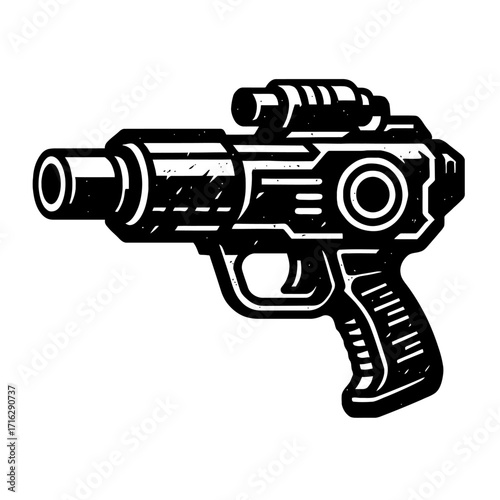 Detailed black and white vector illustration of a retro-futuristic science fiction ray gun, featuring a classic blaster pistol design with a distinctive scope and grunge textures, perfect for vintage