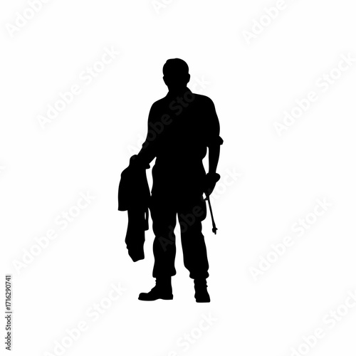 Silhouette of injection molding technician cleaning mold surface with cloth isolated on white background