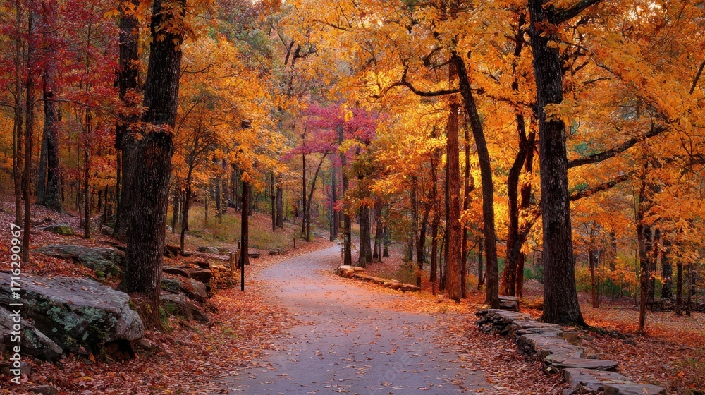 Fototapeta premium Vibrant Autumn Hues of Kennesaw Mountain: A Scenic Path Through the Forest