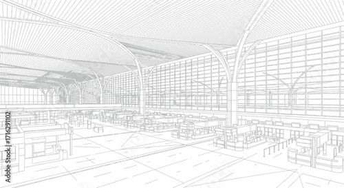 Irport Terminal Interior with Check-in Counters and Large Windows