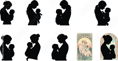Mother and Baby Silhouette and Art Nouveau Vector – Emotional Bond, Nurturing Poses, Decorative Floral Backgrounds Depicting Maternal Love and Care in Stylized Design