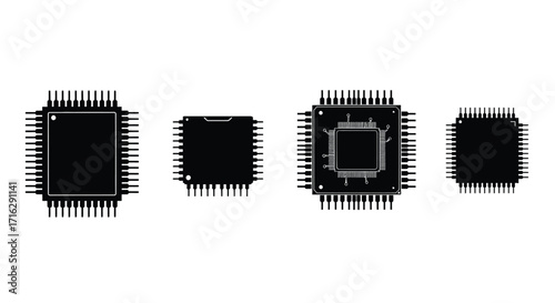 Set of four black microchip processors with detailed pins in a row on a vector