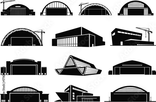 silhouette, warehouse, factory, building, crane, roof, door, industrial, structure, architecture, vector, black, icon, design, element, infrastructure, project, engineering, development, facility