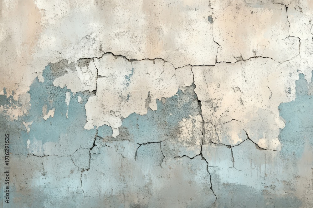 Fototapeta premium A weathered concrete wall displays a pattern of deep cracks and faded pastel hues, creating a textural and moody backdrop.