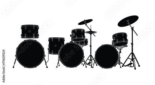 Full drum kit silhouette isolated on dynamic musical instrument sound performance vector